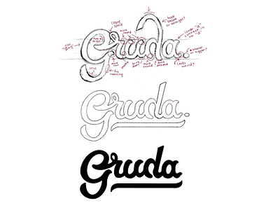 Gruda Logo Process annotations cursive custom logotype hand drawn lettering logo logotype progress revisions type typography wordmark