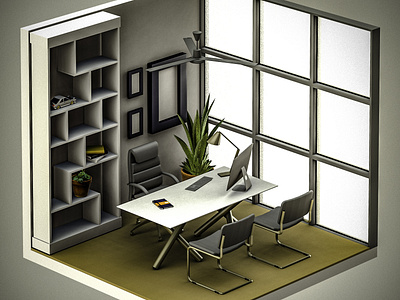 Office 3d art chair illustration interior isometric office room table vectary walls