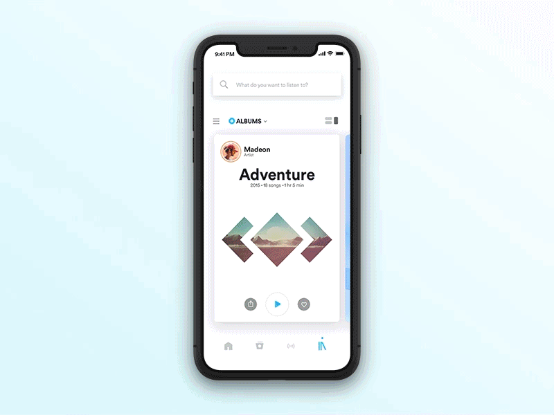 Music Player App album art animation colors design efficiency interaction iphone mockup music music app music art search ui ux