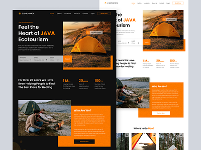 CAMP.MOJOK Camping/Campground Dark & Light Landing Page journey heal dry shape simple design light design dark design orange travel campground light dark camping camp uiux website landing page design oww homepage