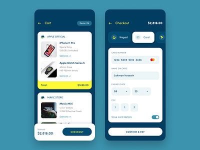 Cart & Checkout Screen - Mobile App UI app ui app ui design app ui ux bkash checkout daily ui challenge dailyui dailyui 002 ecommerce grocery app grocery app login master card mobile app shopping cart signup trend ui challenge ui design