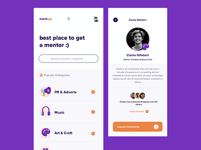 Mentorship Platform for Creatives 3d agency app blue booking creative design design art illustration ios linkedin mentee mentor mentorship orange pop product design search ux vector