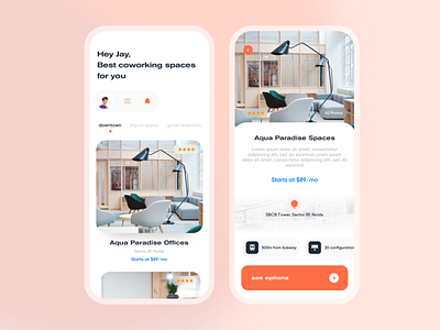 Coworking and office space Booking - Mobile Screens app booking booking coworking coworking space design ecommerce ecommerce design housing ios listing map office orange realestate rental search search results spacerabbit wework