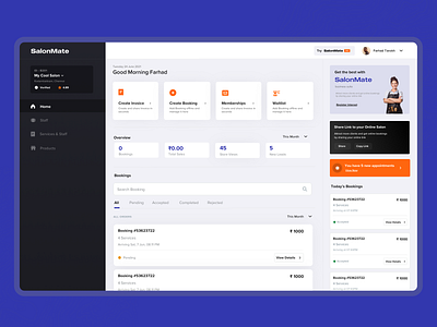 Salon Management Web Dashboard app bookings clean dash dashboard design ecommerce ios orders product design salons spa tracking ui