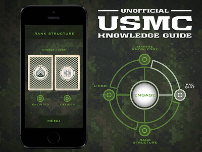USMC Knowledge Guide App Design app app design camo camouflage crosshairs education engage marines military night vision texture usmc