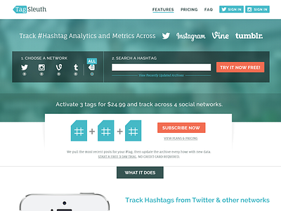 Tagsleuth Homepage analytics hashtag homepage instagram metrics search tumblr twitter vine web web design website