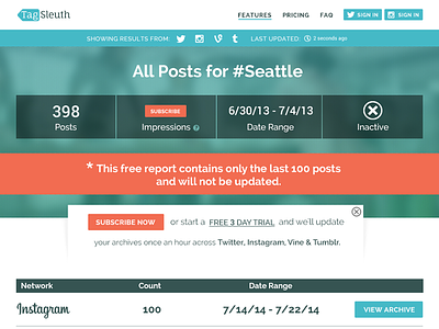 Tagsleuth All Results Page analytics hashtag homepage instagram metrics search tumblr twitter vine web web design website