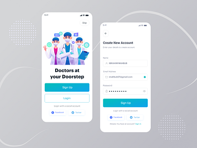 Doctors App Login & Create Account 3d app branding clean design doctor app doctor apps illustration minimal modern modern app ui ui ux