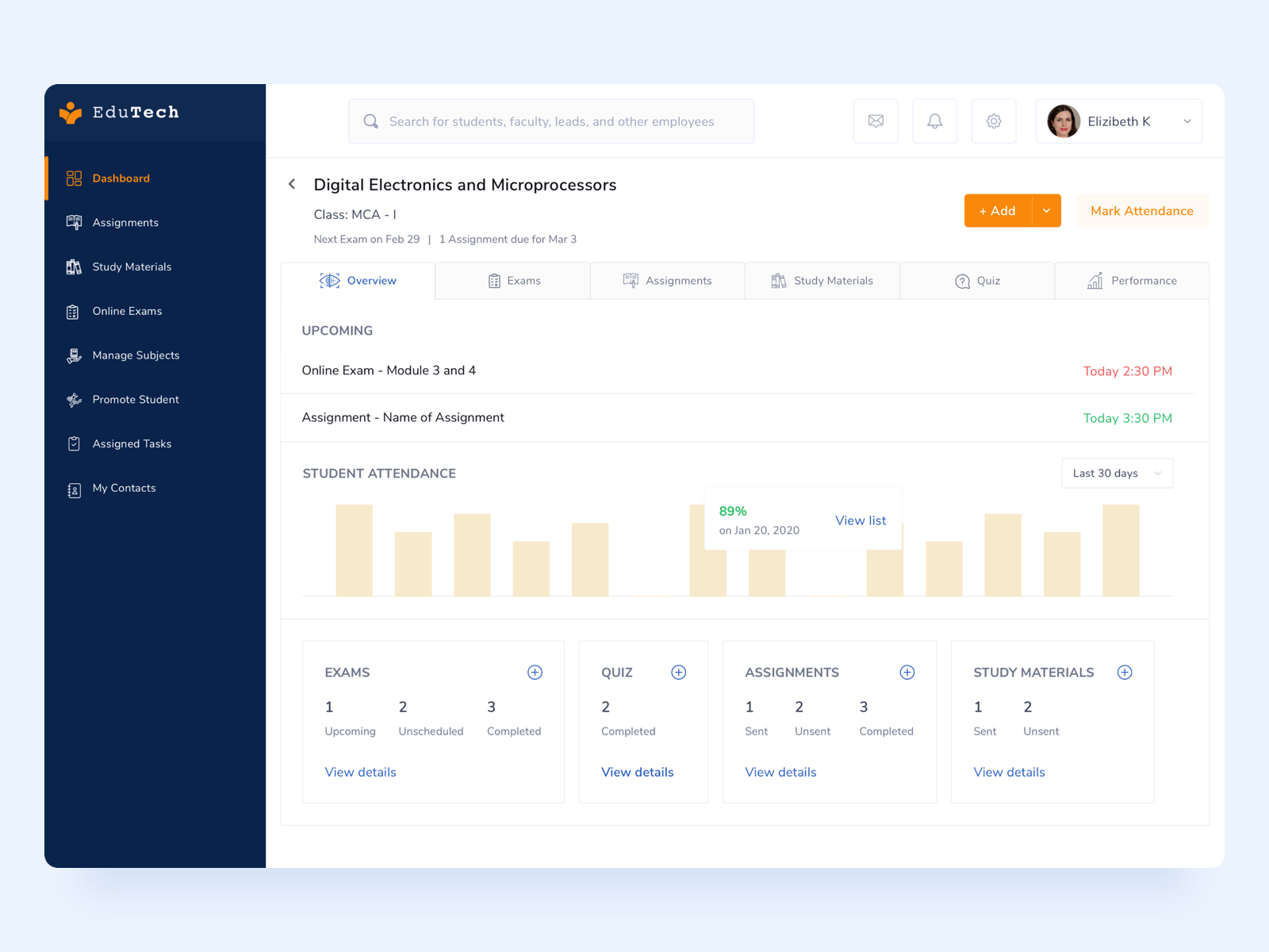 College faculty profile - Attendance tracker absent attendance blue control panel dashboard datepicker education faculty graph interaction late online classes online course present product design profile status teacher tracker ux