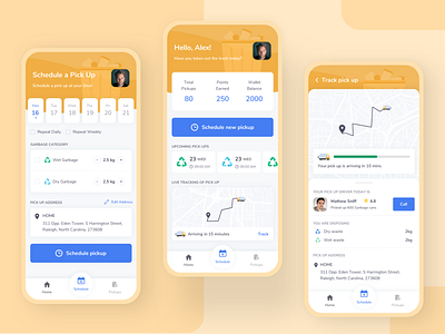 TrashBox - App to schedule your trash pickups app calendar cards dry garbage map mapviewer mobile app pickup schedule screens status track trash truck wallet waste waste management wet yellow