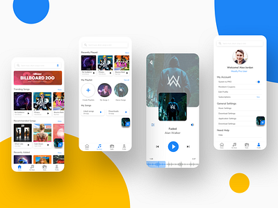 Music Player App - Floating button concept alan walker app billboard dribbble faded floating button home music app music player music player ui pause play player playlist profile screens songs ui ui design ux design