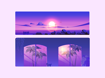 Cozy sunsets animation beach branding debut dog graphic design illustration logo nostalgic susets trees ui vector vector art