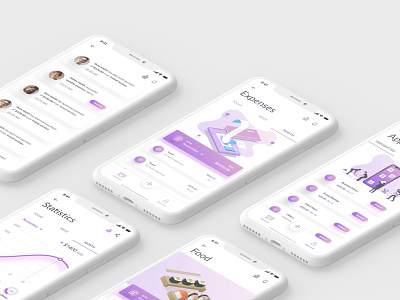 Expense filing and tracking application app app design color debut expense finance food ios money notification people purple statistics tracking app ui uxui vector