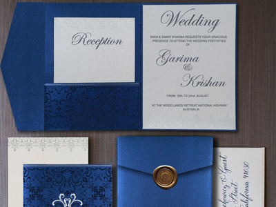 COBALT BLUE SHIMMERY SCREEN PRINTED WEDDING CARD elegantweddingcards indianweddingcards weddingcardsindia weddingcardsonline