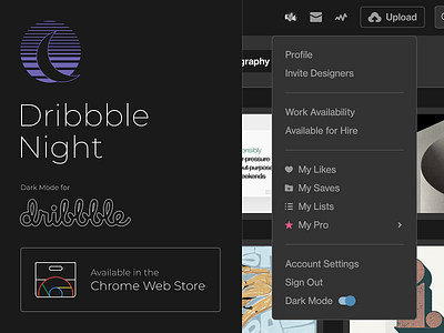 🏀💨🌒 Dribbble Night | Dark Mode for Dribbble chrome extension code dark dark mode dribbble js lines plugin switch theme ui web