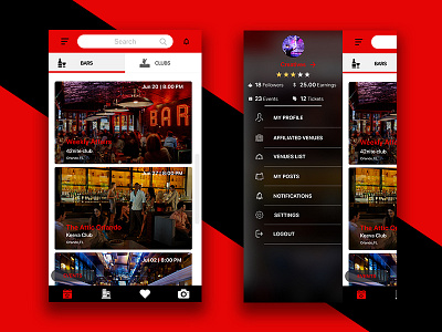 Events and Side Menu Page bar black clubs events menu navigation red side menu ui user experience user interface ux