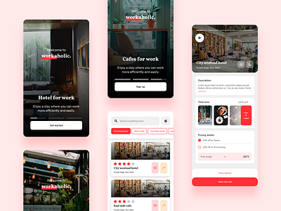 Workplace booking concept cafe co working hotel app hotels red redesign redesign concept restaurant ui ui ux ui design ux design uxui