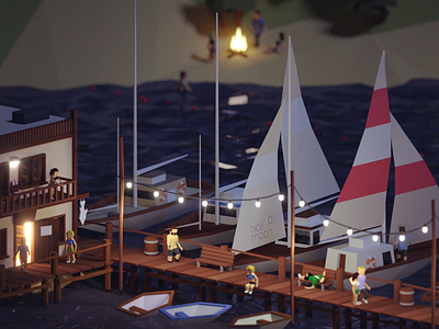 Marina blender isometric lowpoly marina