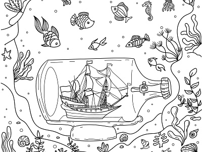 Sea and bottle underwater coloring page coloringbook illustration underwater