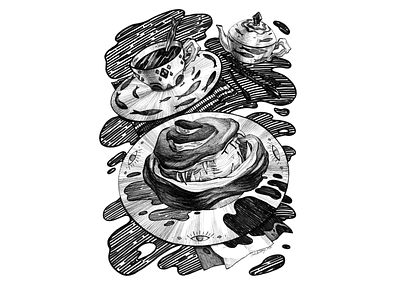 Bulochka, The Bread Monster black and white bread cluttery creature dark art drawing fantasy hand drawing illustration liner marker monster tea party булочка заварник иллюстрация хищник хлеб чайник чашка
