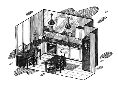 Kitchen isometry black and white drawing hand drawing home home illustration house illustration illustration interior isometry kitchen liner marker mixed media pencil art working place дом изометрия иллюстрация квартира кухня