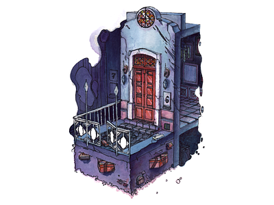 The old house with secrtets chalk creepy door hand drawing haunted house illustration ink isometric illustration isometry spooky watercolour