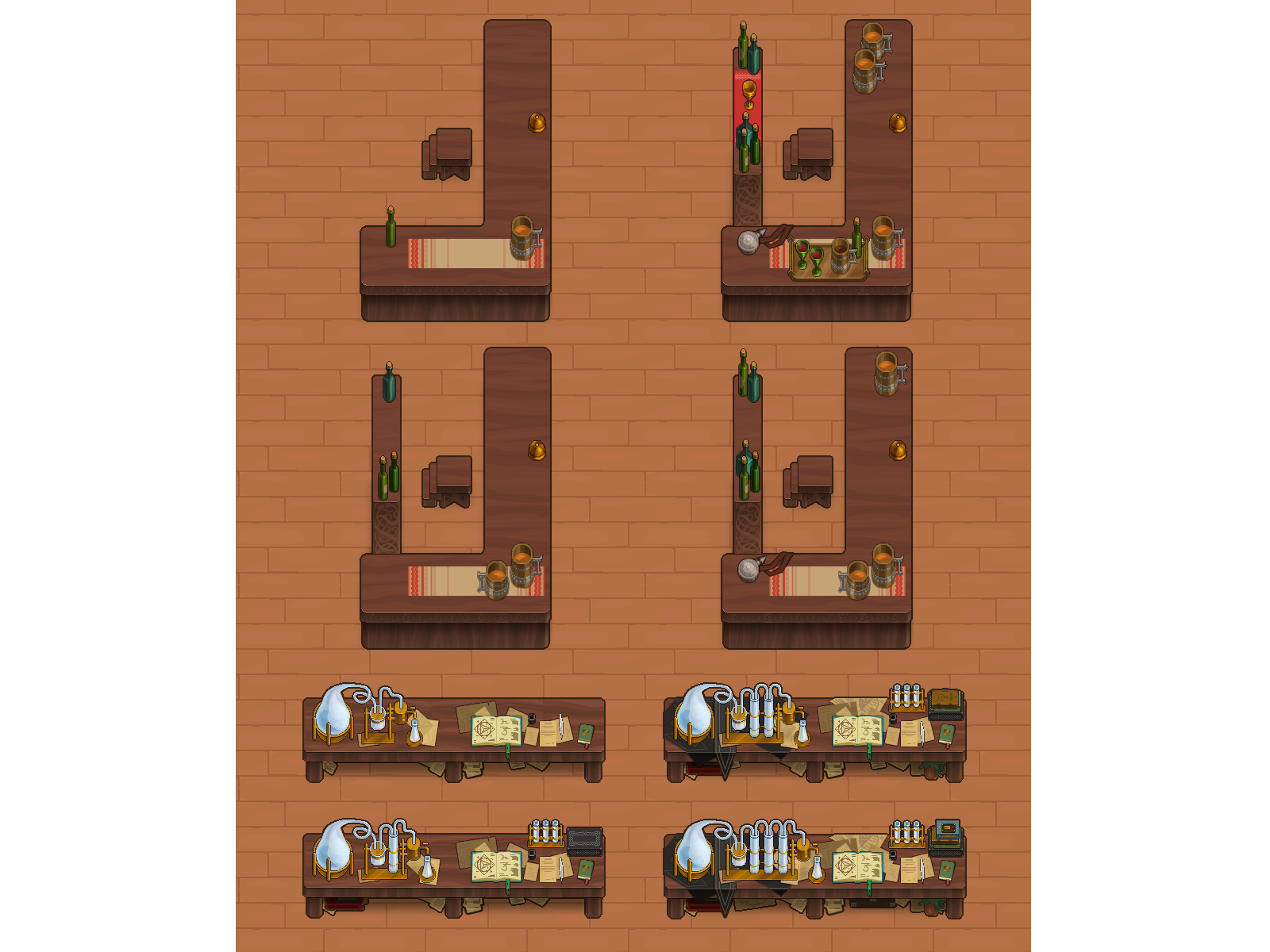Innkeeper's Story - The alchemist's table and the bar. 2d alchemist alchemy bar furniture game game assets game objects illustration indie game inn medieval props retro game rpg view sprite unity workshop workstation worktable