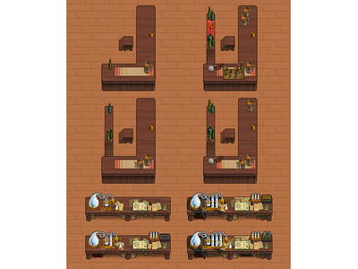 Innkeeper's Story — The alchemist's table and the bar. 2d alchemist alchemy bar furniture game game assets game objects illustration indie game inn medieval props retro game rpg view sprite unity workshop workstation worktable