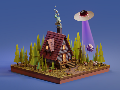 Похищение коровы | Low poly farm 3d blender cabin cows cute diorama farm house illustration isometric low poly lowpolyart modeling render stylized ufo домик иллюстрация моделирование