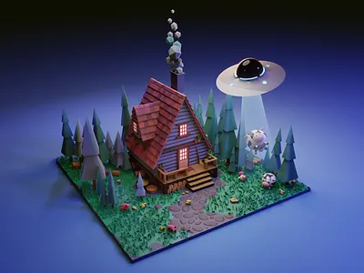 Похищение коровы II | Low poly farm II 3d aliens blender cute diorama farm illustration isometric low poly lowpoly moonlight render study домик изометрия иллюстрация учебная работа