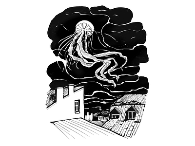 Sky jellyfish black black and white clouds dip pen drawing drawing challenge drawing ink fly hand drawing illustration ink inktober inktober2018 jellyfish moody roofs town