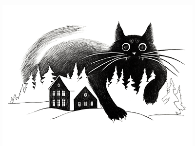 The Yule Cat beast black black and white black cat cat cat drawing creature drawing fineliner folklore hand drawing illustration monster mythical creature the yule cat traditional art traditional illustration winter scene yule