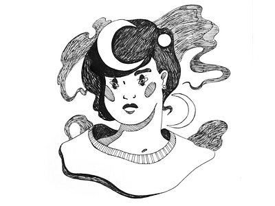 Moon Girl black and white character drawing drawing challenge fineliner hand drawing illustration moon witch witchy