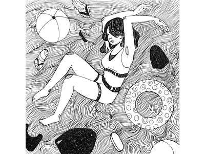 Flowing Mind black and white body positive character curves drawing drawing challenge fineliner flow flowing flowing mind girl character girl illustration hand drawing illustration lines summer swimming pool traditional art water waves