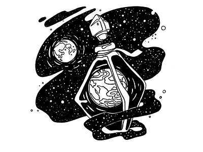 The 12th of April black black and white bottle cosmos dip pen drawing drawing ink earth hand drawing illustration ink moon space art space exploration space illustration spaceart