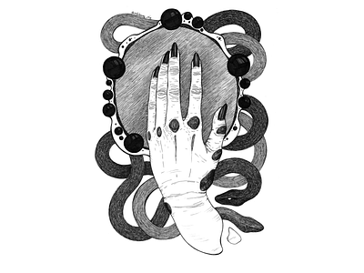 Left hand with mirror black and white drawing hand hand drawing illustration liner mirror nails snake snake art wrinkles