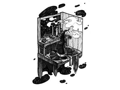 Witch's table abstract background black and white books candles counter drawing fineliner hand drawing hatching illustration isometric isometric art isometric illustration props table witch hat witchcraft иллюстрация рисунок