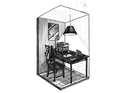 The working place black and white drawing hand drawing home illustration interior interior drawing isometric isometric art isometric illustration lamp marker sketch pencil table traditional art ultra fine liner working space изометрия иллюстрация рабочий стол