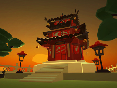Temple 3d 3d art calm concept design game lowpoly maya orange red rouge sunset temple tree unity unity 3d