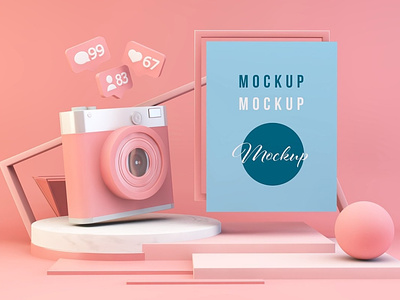 Pink Composition Mockup with Camera branding business camera card clay clean composition design device devices digital art minimal minimalist mock-up mockup mockups multipurpose pink responsive simple