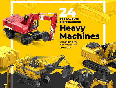 PSD Heavy Machines Mockup 360 PRO#03 branding construction excavator heavy layer machine machine mockup machines mock up mockup mockup set mockups pro psd psd design psd mockup psd template steering wheel tractore unique