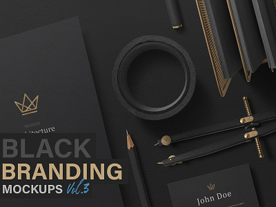 Black Branding Mockups Vol.3 black black branding mockups bottle branding cardboard clipboard dark dark design gold golden minimal mockup paper presentation print print design psd shadow stationery template