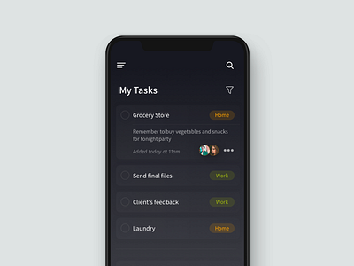 Tasks app app appdesign checkbox clean dark darkmode darkui design labels list mobile tasks ui uidesign ux