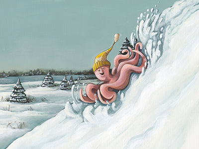 Octopi Love To Ski character design greeting card illustration octopus winter