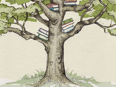 The Reading Tree bookmark digital painting illustration ink tree watercolor