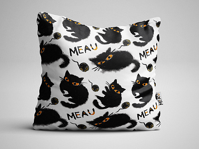 Black cat cat design drawind hand drawn meau pastel pastel cat pattern pillow sketch