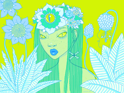 Princess of Another World eyeball eyes face flower forest green illustration leaves nature neon plants princess