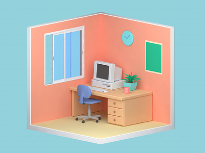 00s workspace 00s 3d cinema 4d clay clayrender computer isometric low poly mug plant play doh room windows xp