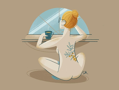 Buckthorn tea buckthorn girl character illustration morning scene nudeart procreate art tattooed girl tea