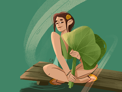Girl with water lily leaves charachter draw female girl illustration illustrator procreate